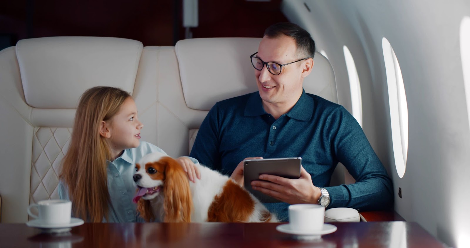 Father with his daughter on a plane